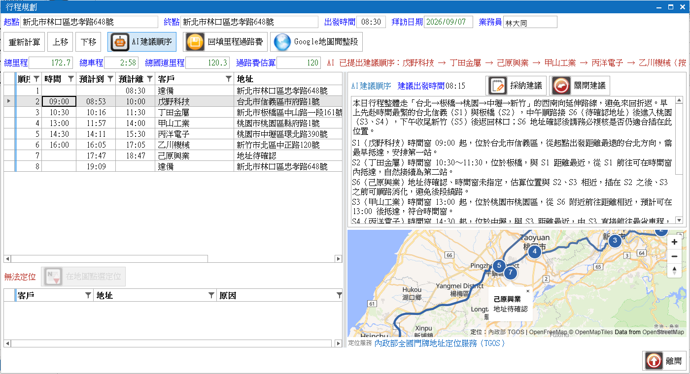 AI 建議區塊：建議順序、建議出發時間、各段理由，以及「採納建議」「關閉建議」兩鈕