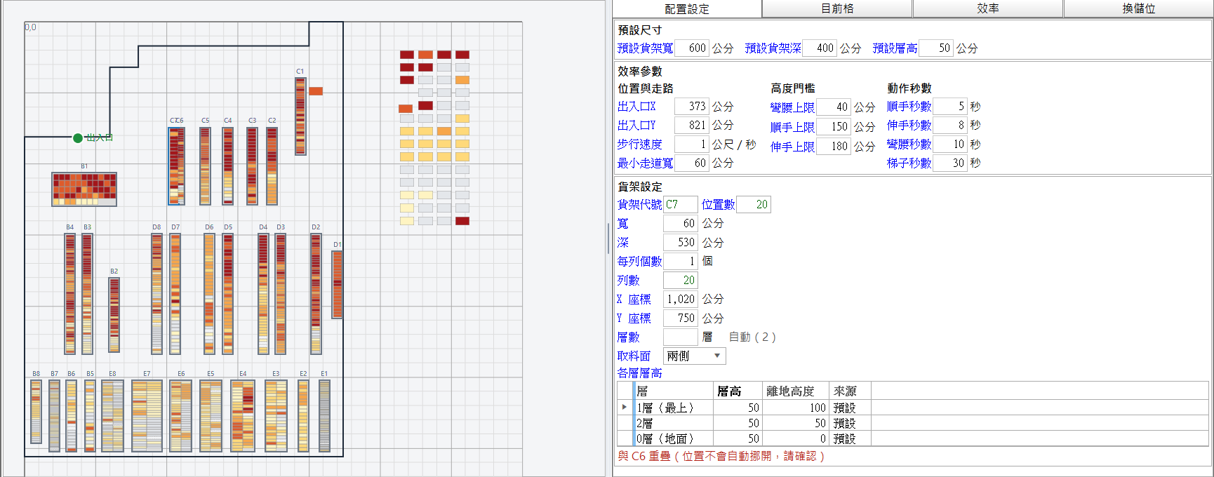把 C7 拖到壓住 C6，右側貨架設定下方出現重疊紅字