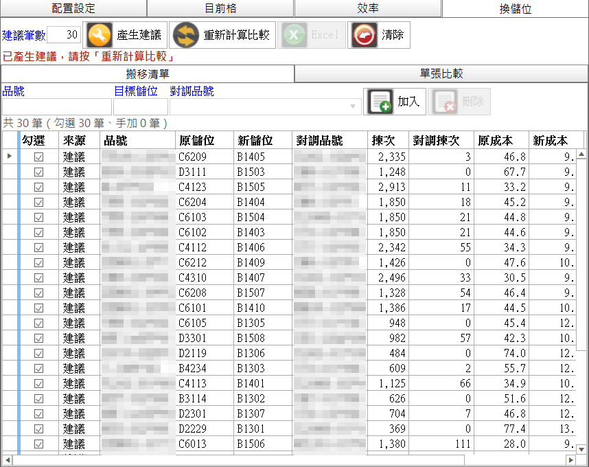 產生 30 筆建議後的搬移清單：上方是手加列（品號、目標儲位、對調品號、加入、刪除），下方是建議清單