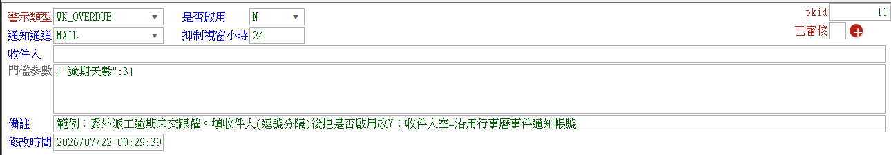 警示規則維護開窗畫面